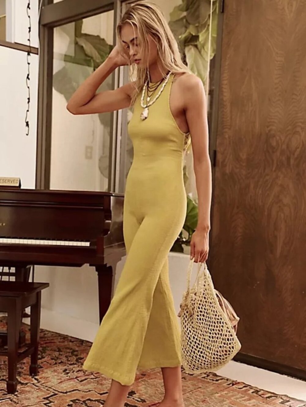 Free People Jayce Stretch Jumpsuit in citronelle green cotton blend small